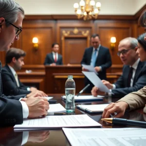 Courtroom discussion regarding lawsuit over contaminated drinking water