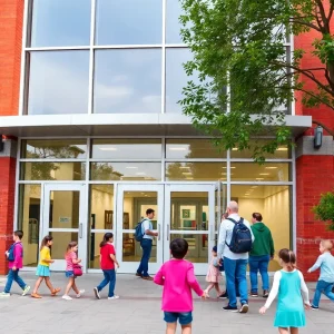 Entrance of Coral Academy of Science Las Vegas with children and parents