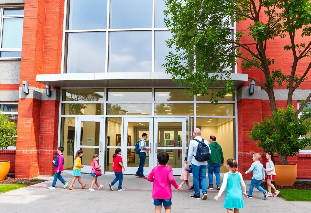 Entrance of Coral Academy of Science Las Vegas with children and parents