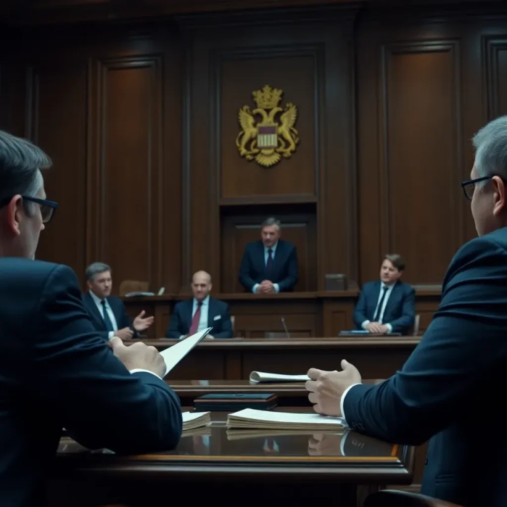 A courtroom depicting a copyright infringement case