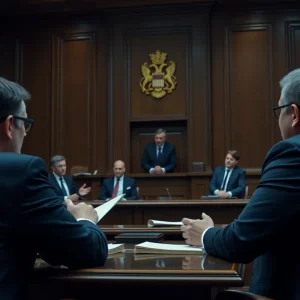 A courtroom depicting a copyright infringement case