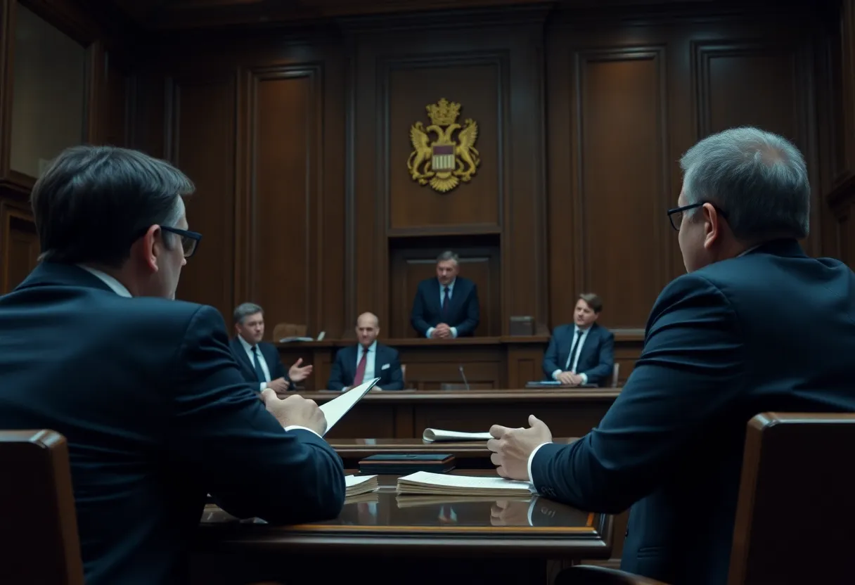 A courtroom depicting a copyright infringement case