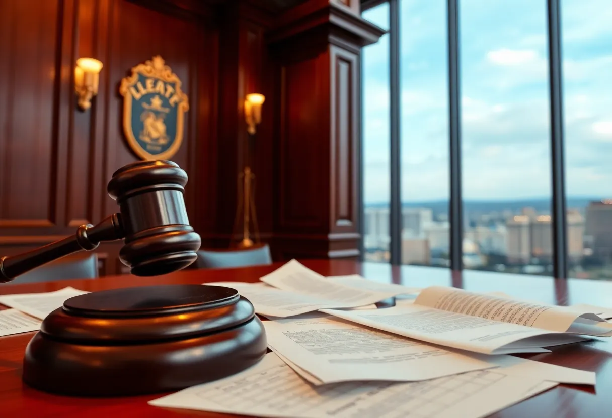 Courtroom scene with legal documents and a judge's gavel