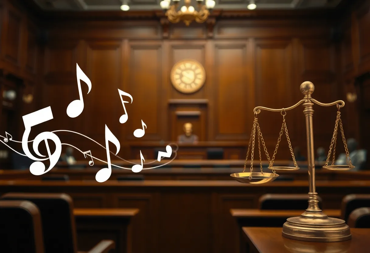 Courtroom scene illustrating a music copyright dispute
