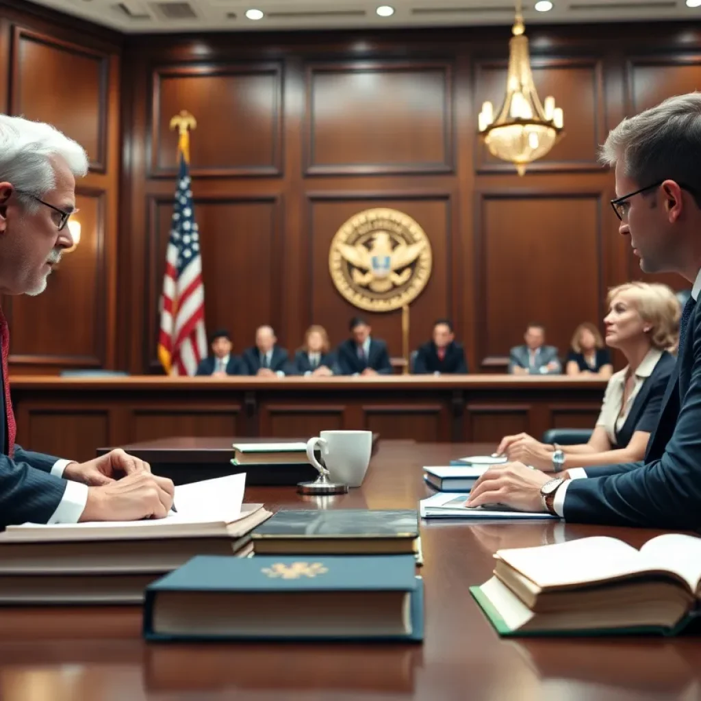 A courtroom scene depicting a judge and legal representatives in Las Vegas