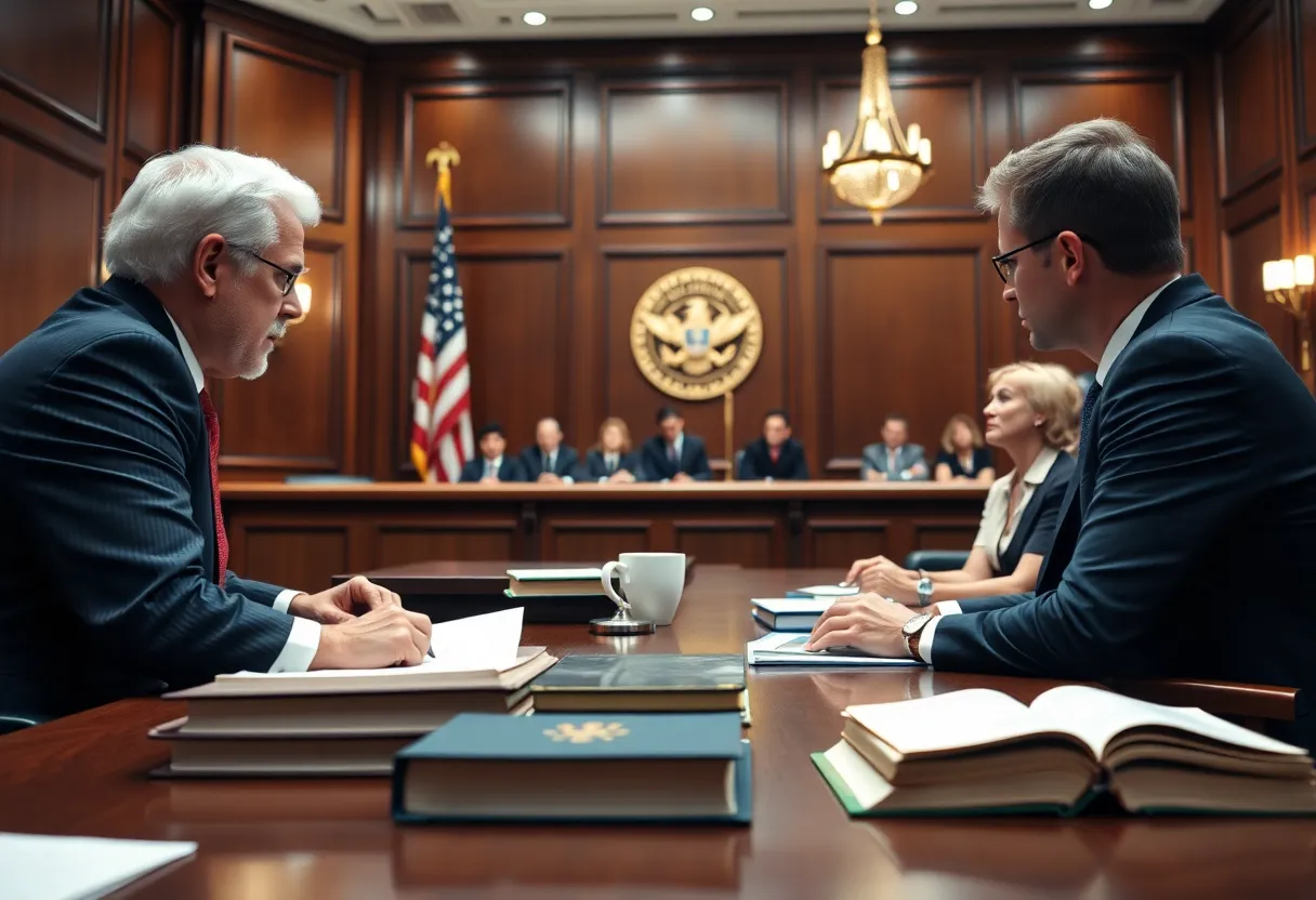 A courtroom scene depicting a judge and legal representatives in Las Vegas