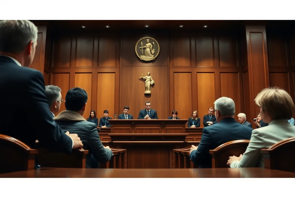 A tense courtroom scene with a judge and attorneys