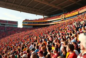 Fans in a stadium celebrating Homecoming for the Cowboys with team colors