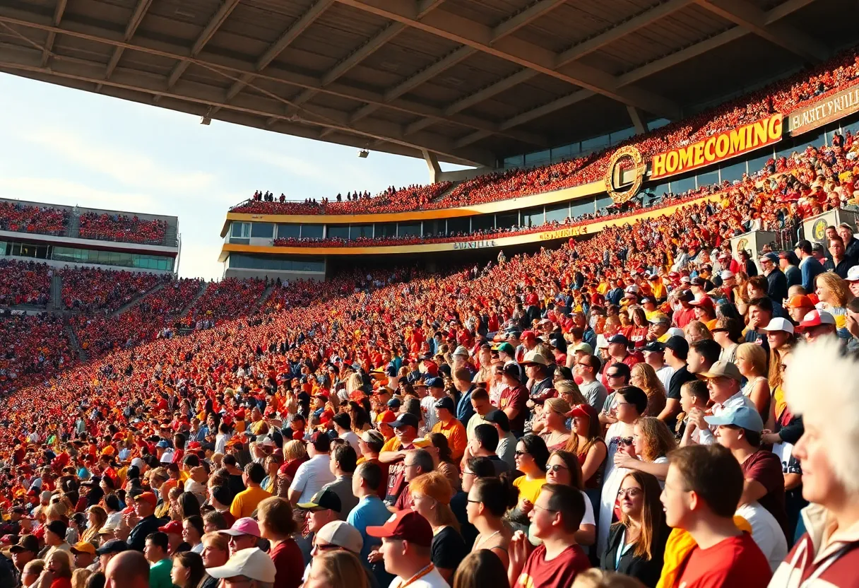 Fans in a stadium celebrating Homecoming for the Cowboys with team colors