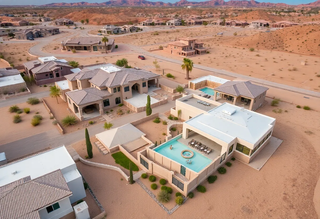 Aerial view of Crestwood Ranch luxury home community in Las Vegas with expansive outdoor spaces.