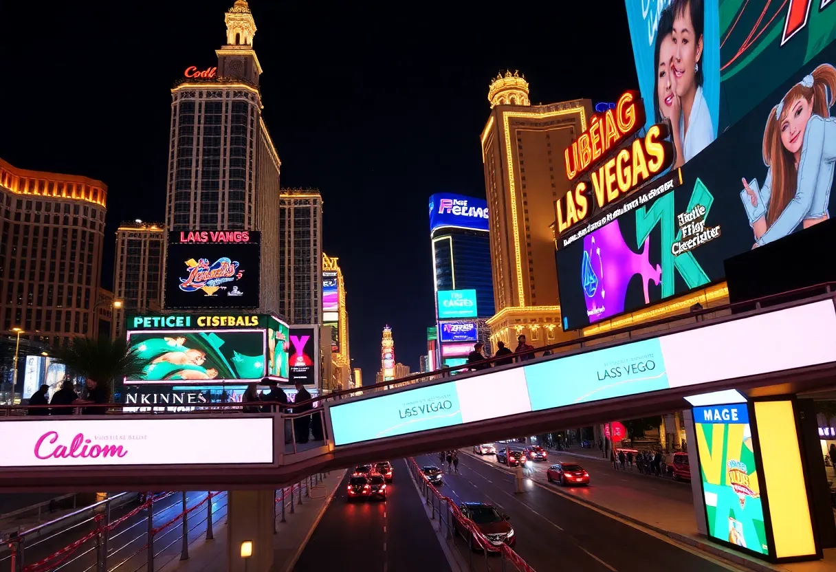 Vibrant LED advertising signs on the Las Vegas Strip.