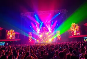 Concert stage in Las Vegas with colorful lights and audience.