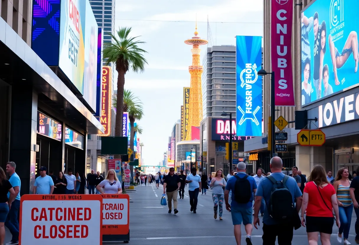 Traffic and road closure signs in downtown Las Vegas during events