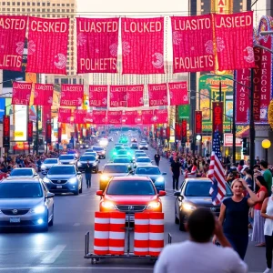 Image showing the festive atmosphere of road closures in downtown Las Vegas during events.