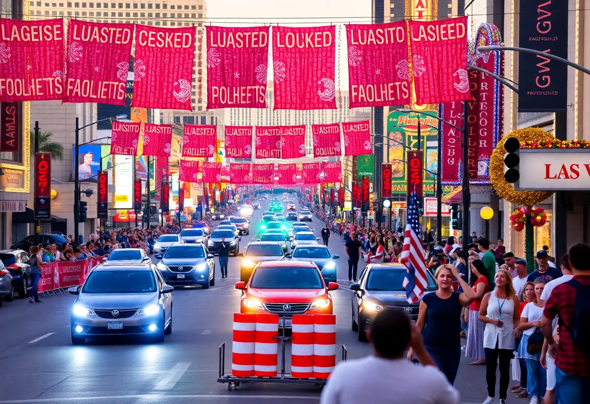 Image showing the festive atmosphere of road closures in downtown Las Vegas during events.