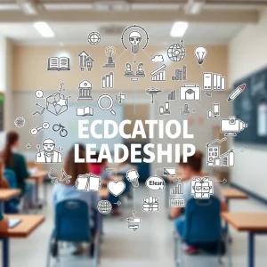 Concept of educational leadership with themes of innovation and collaboration in schools.