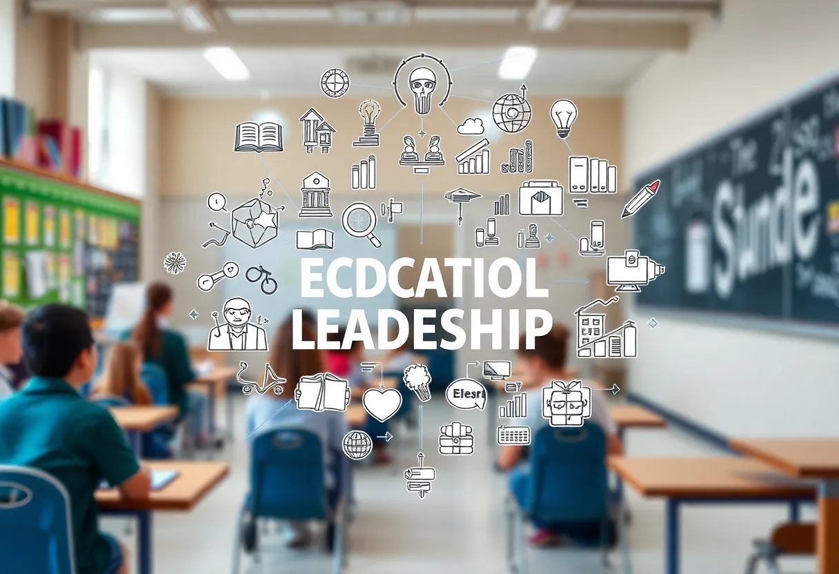 Concept of educational leadership with themes of innovation and collaboration in schools.