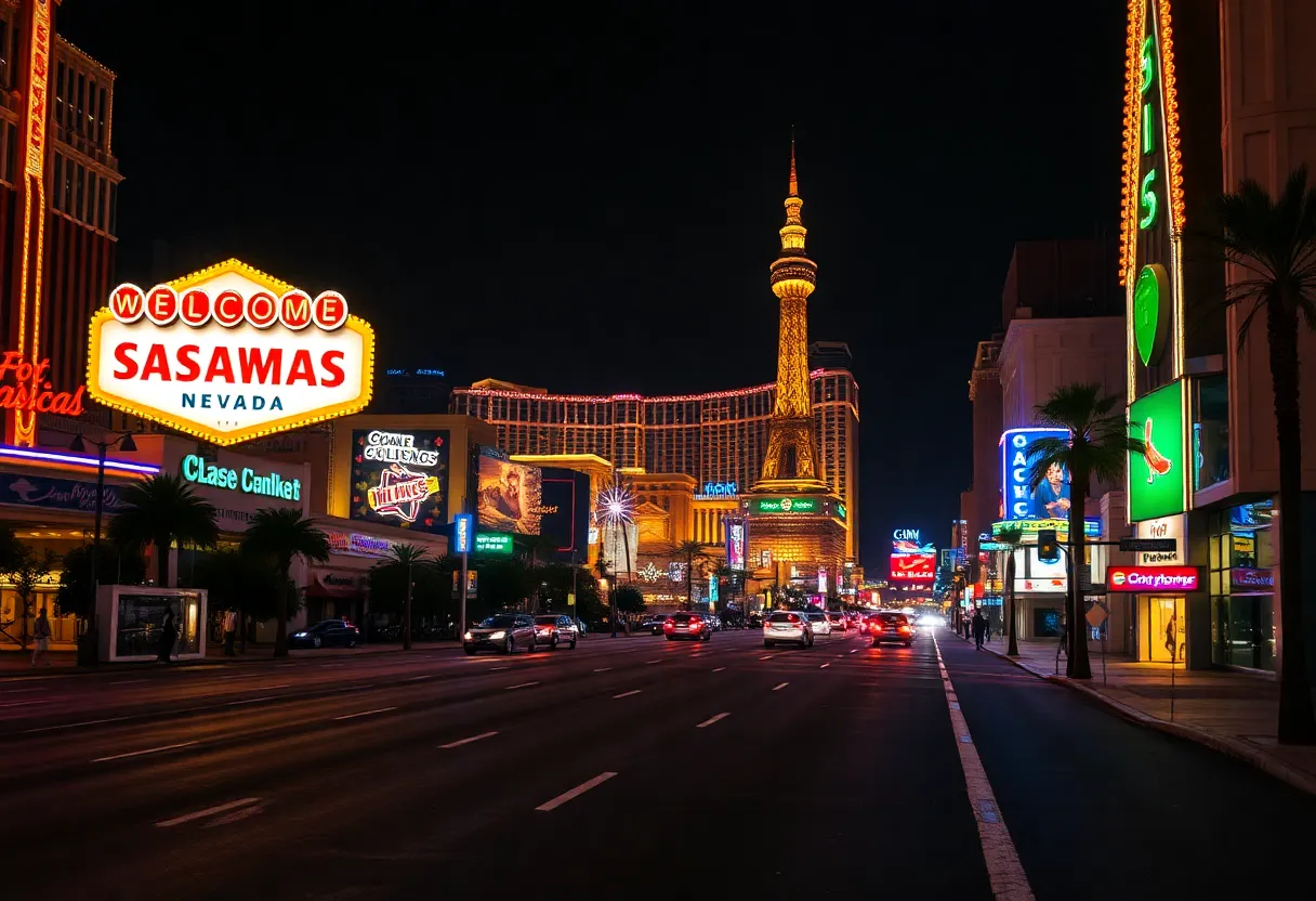 A deserted view of the Las Vegas Strip with bright lights, highlighting the decline in tourism.