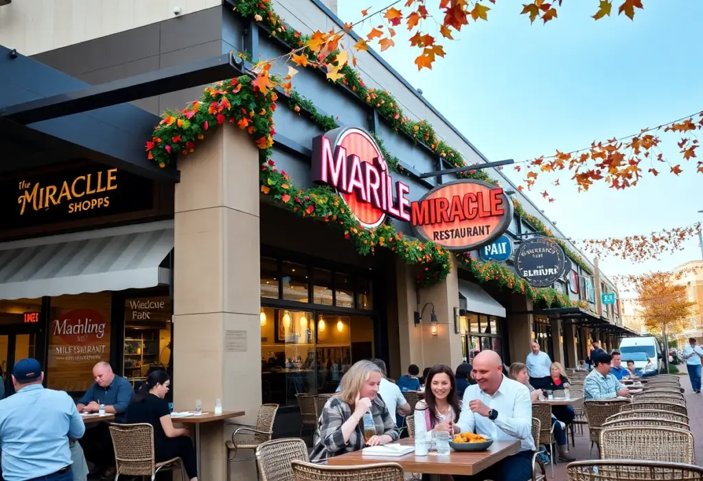 Dining scene at Miracle Mile Shops with autumn theme and happy customers