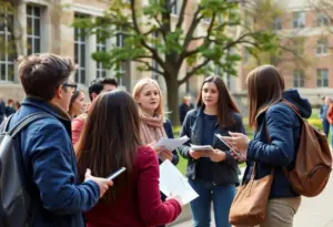 Students debating in an outdoor setting on a university campus.