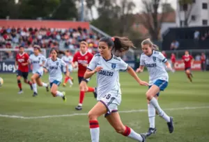 Fresno State Bulldogs soccer team playing in a competitive match