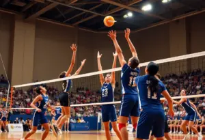 Volleyball players from Fresno State and UNLV competing during a match