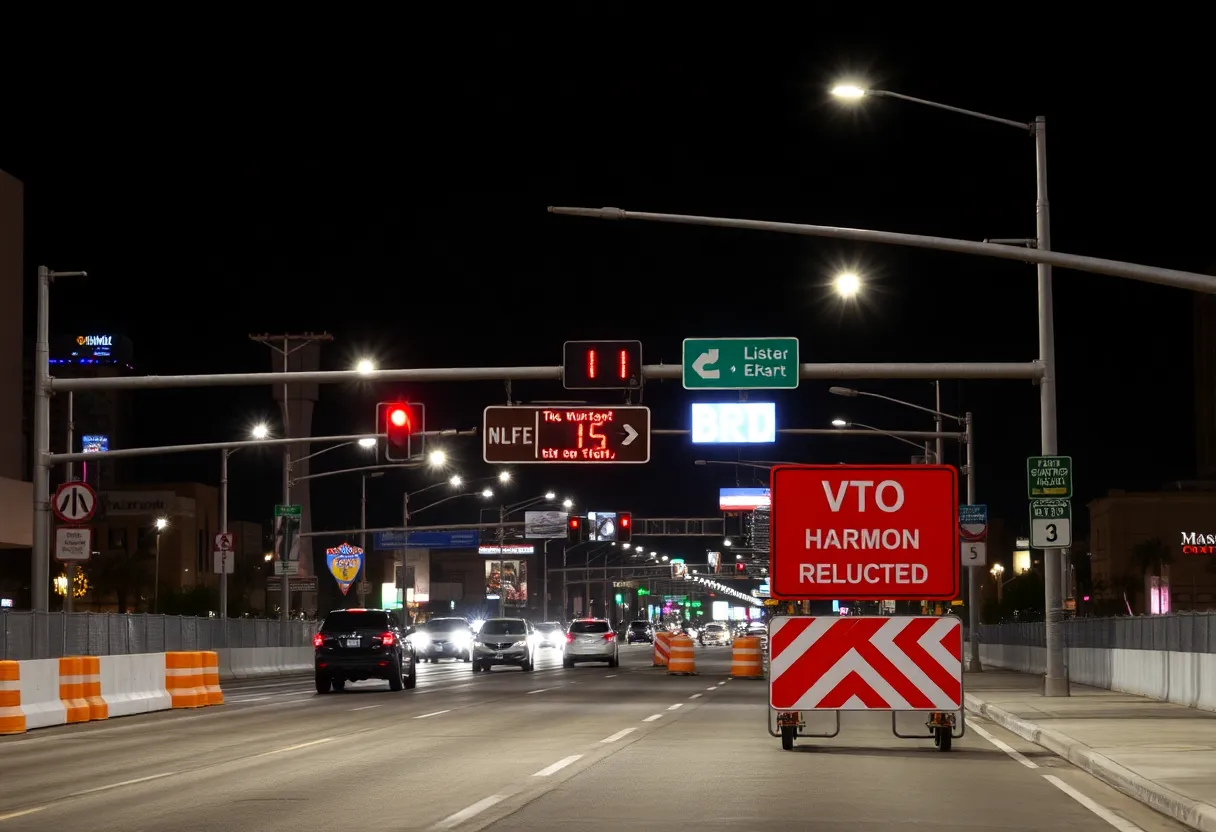 Harmon Avenue with lane reduction signs and construction work for the Las Vegas Grand Prix.