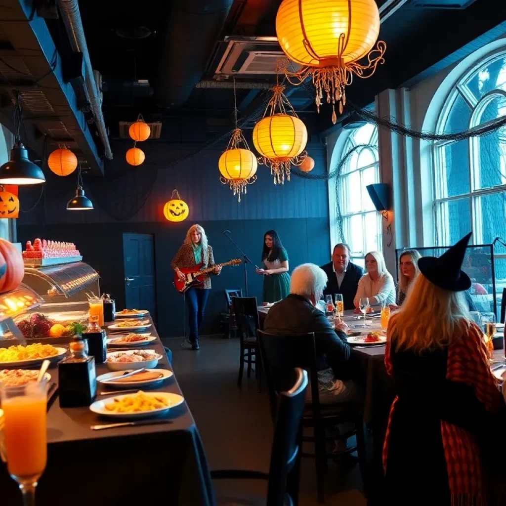 Guests enjoying the Haunted Brunch in Las Vegas with spooky decorations and a buffet