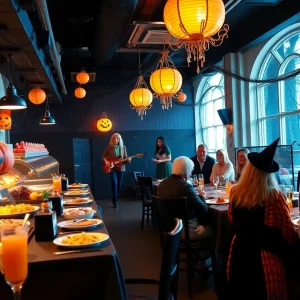 Guests enjoying the Haunted Brunch in Las Vegas with spooky decorations and a buffet