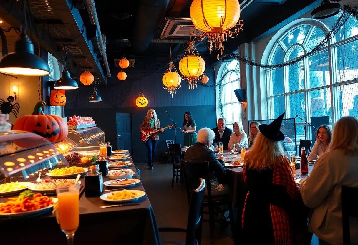 Guests enjoying the Haunted Brunch in Las Vegas with spooky decorations and a buffet