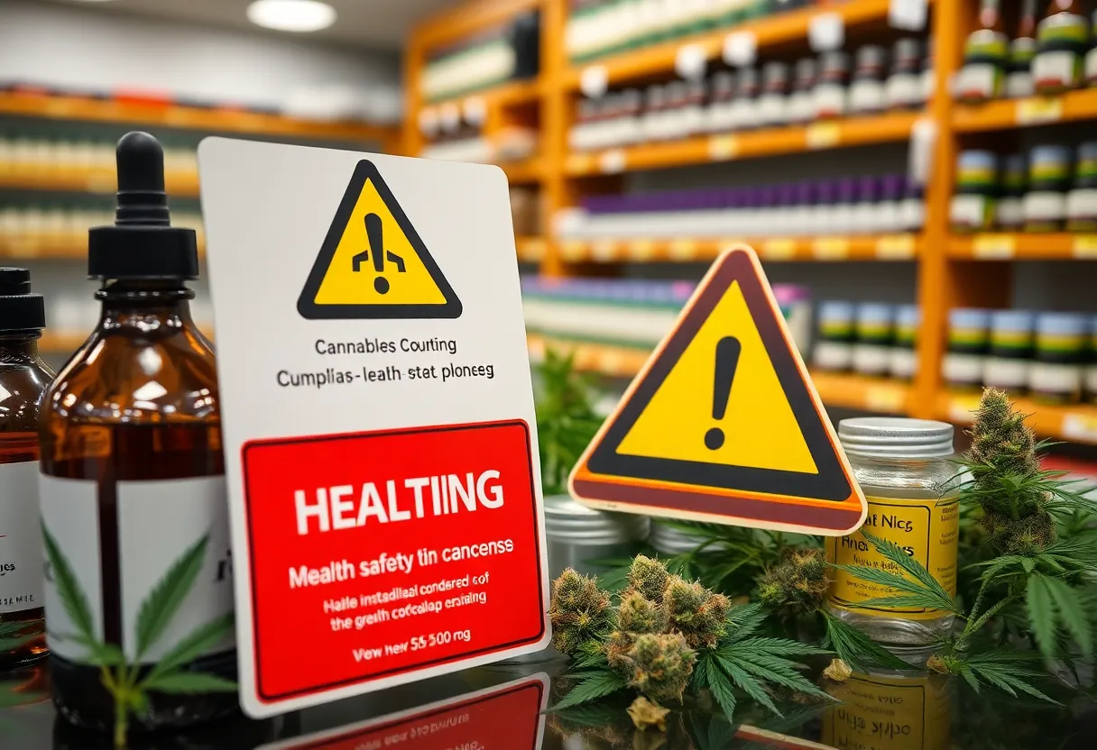 Warning sign next to cannabis products indicating contamination risks