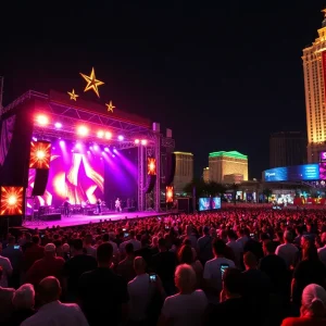 View of the Heineken Silver Stage during the Las Vegas Grand Prix with vibrant crowds