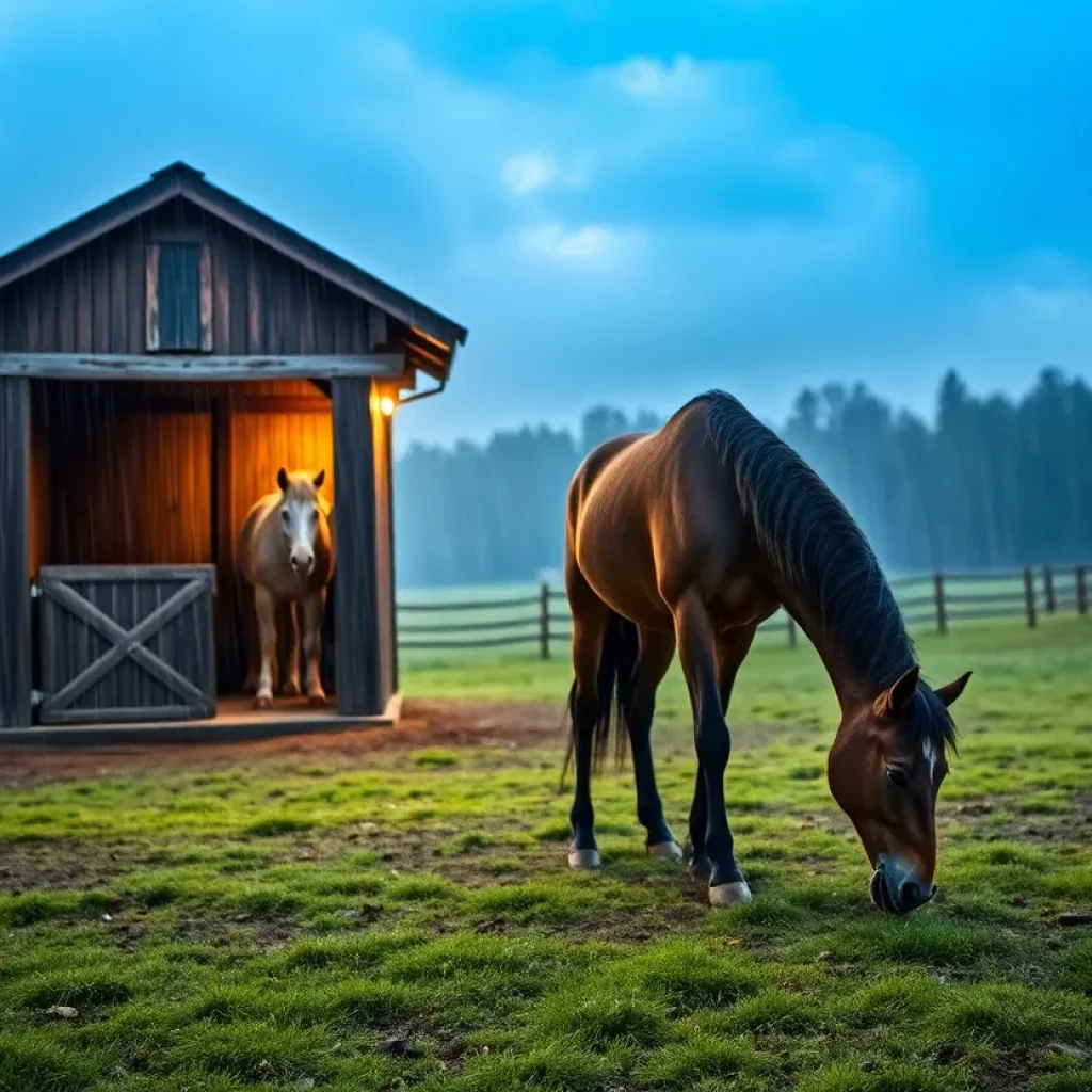 A small horse stable in a serene setting after a storm