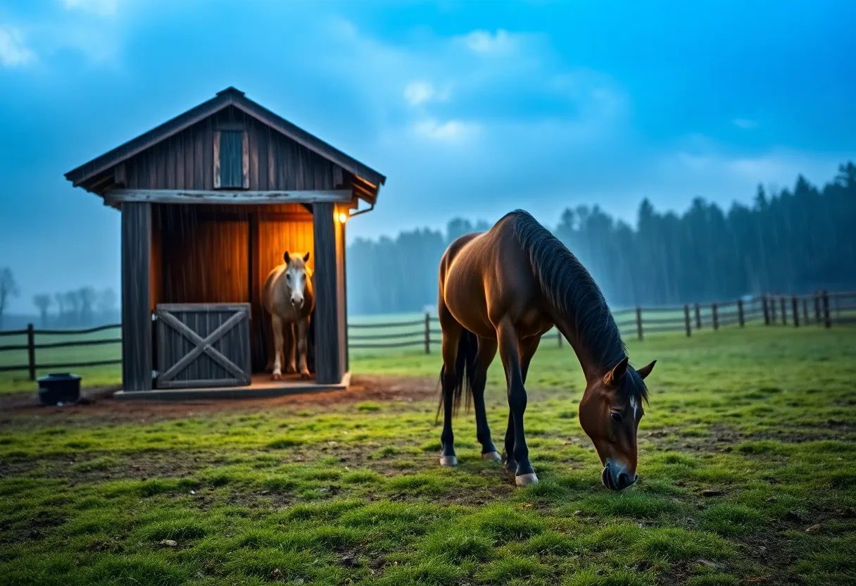 A small horse stable in a serene setting after a storm