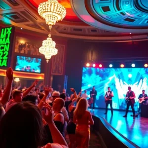 Stage performance depicting a tribute to iconic rock artists in Las Vegas