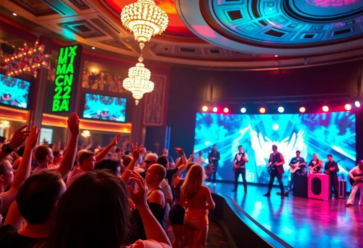 Stage performance depicting a tribute to iconic rock artists in Las Vegas