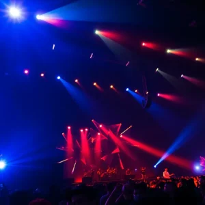 Dynamic concert stage showing vibrant lighting and energetic atmosphere