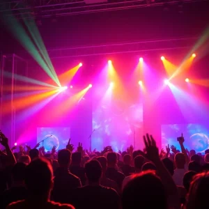 A lively concert atmosphere during a pop concert with colorful stage lights.