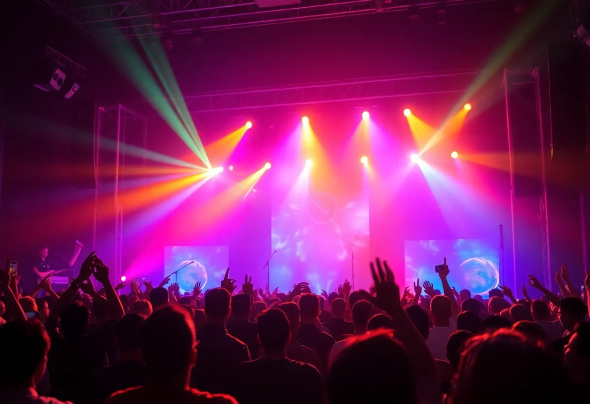 A lively concert atmosphere during a pop concert with colorful stage lights.