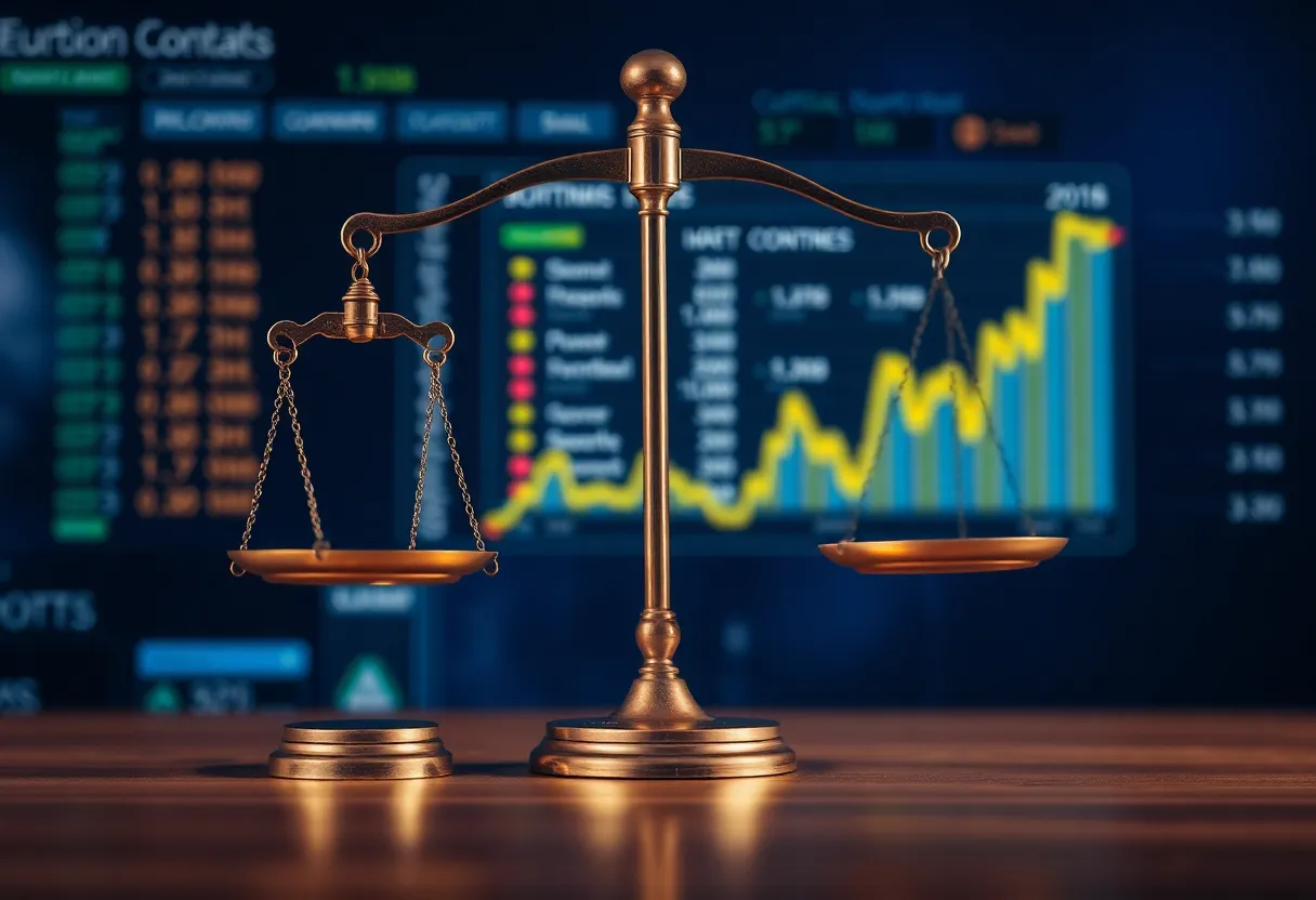 Abstract image depicting the concept of a sports prediction market with legal elements.