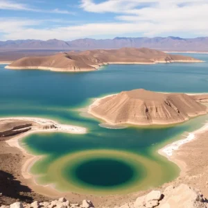 Low water levels at Lake Mead with a visible bathtub ring.