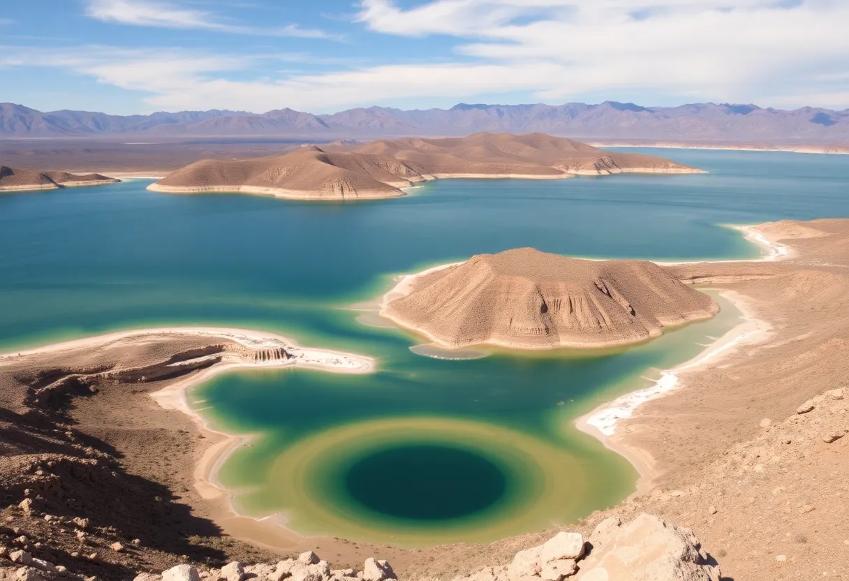 Low water levels at Lake Mead with a visible bathtub ring.