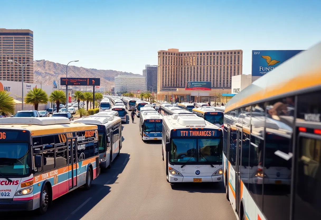 Buses operating in the Las Vegas transit system under bright sunlight.