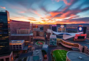 Aerial view of Las Vegas showcasing its modern sports facilities and busy streets.