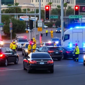 Emergency responders at a car accident scene in Las Vegas