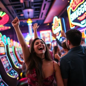 A lively casino scene in Las Vegas with players celebrating their notable wins.