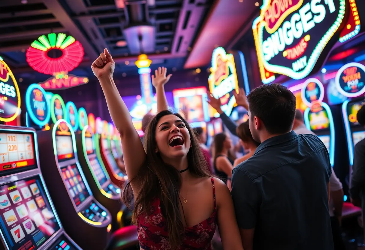 A lively casino scene in Las Vegas with players celebrating their notable wins.