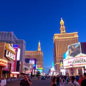 A cityscape view of Las Vegas featuring popular attractions and cheerful tourists.