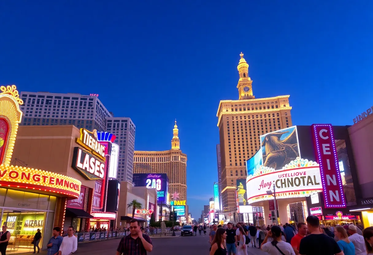 A cityscape view of Las Vegas featuring popular attractions and cheerful tourists.