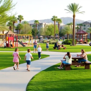 A community park in Las Vegas filled with families, children, and beautiful landscaping.